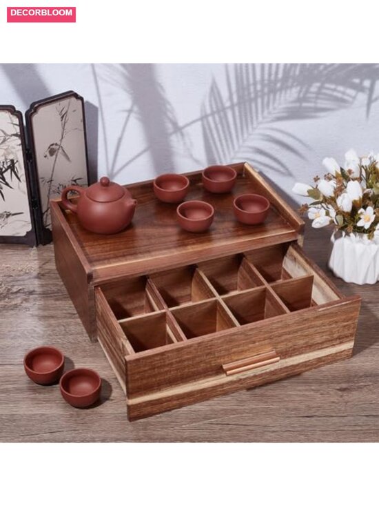 Other - Acacia Wood Tea Storage Box with Drawer - Countertop Tea Bag Organizer Caddy